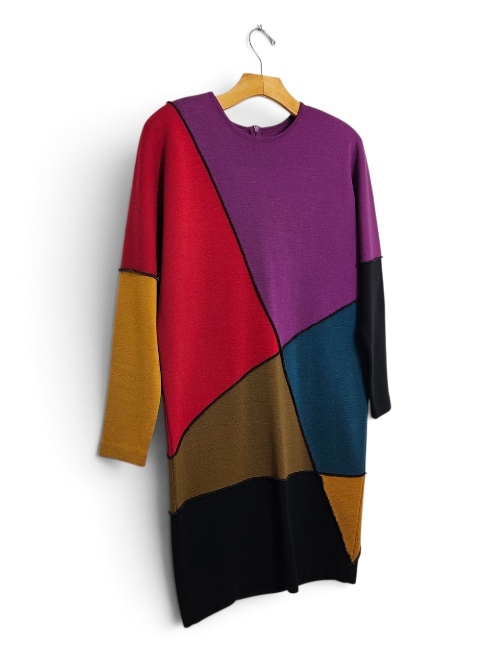 Vintage Andrea Jovine Dress S 100% Wool Colorblock Patchwork Midi Jewel Tone 80s